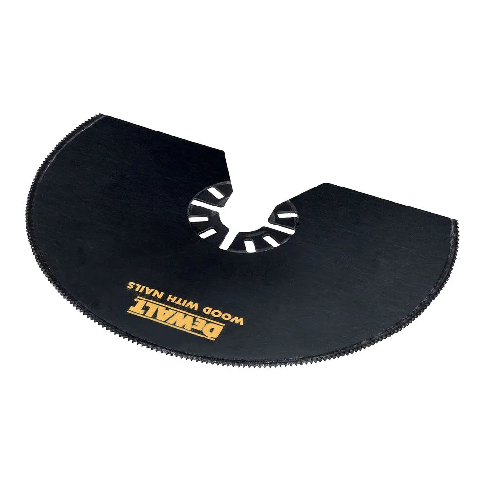 Pildil on näha must Dewalt universaallõikuri tera, millel on kollane logo.