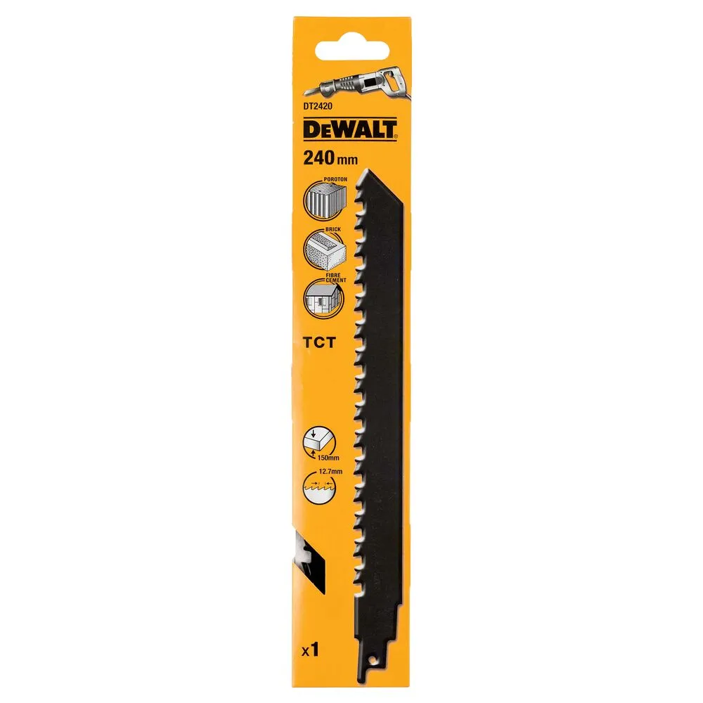 Pildil on näha DeWalt 240 mm otssaetera pakend, millel on kujutatud selle kasutusalasid nagu tellised ja kipsplaat.