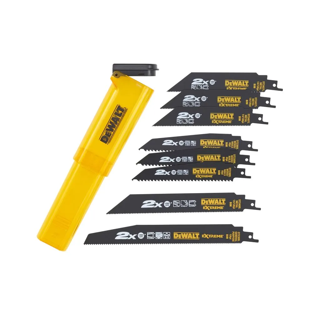 Pildil on näha DeWalt EXTREME otssaeterade komplekt, mis sisaldab kaheksat teraga ja kollast hoiukarpi.