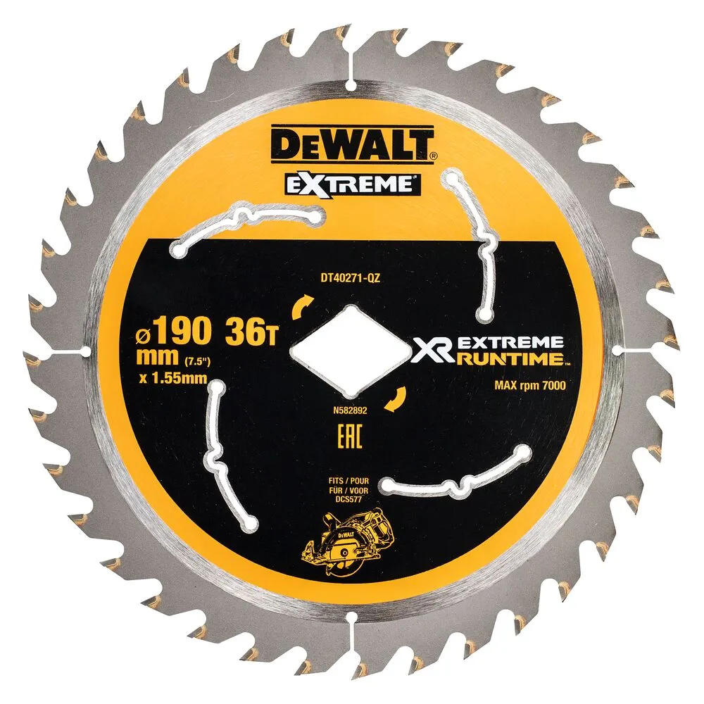 DeWalt Extreme Runtime Saw Blade 190 mm 36Z, with diamond-shaped attachment