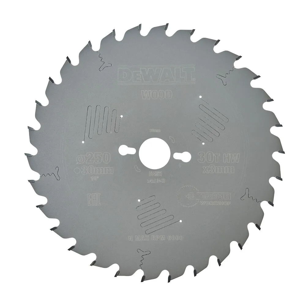 Pildil on näha ühest küljest teritatud, 30 hambaga ja 250 mm läbimõõduga DeWalt saeketas puidu töötlemiseks.
