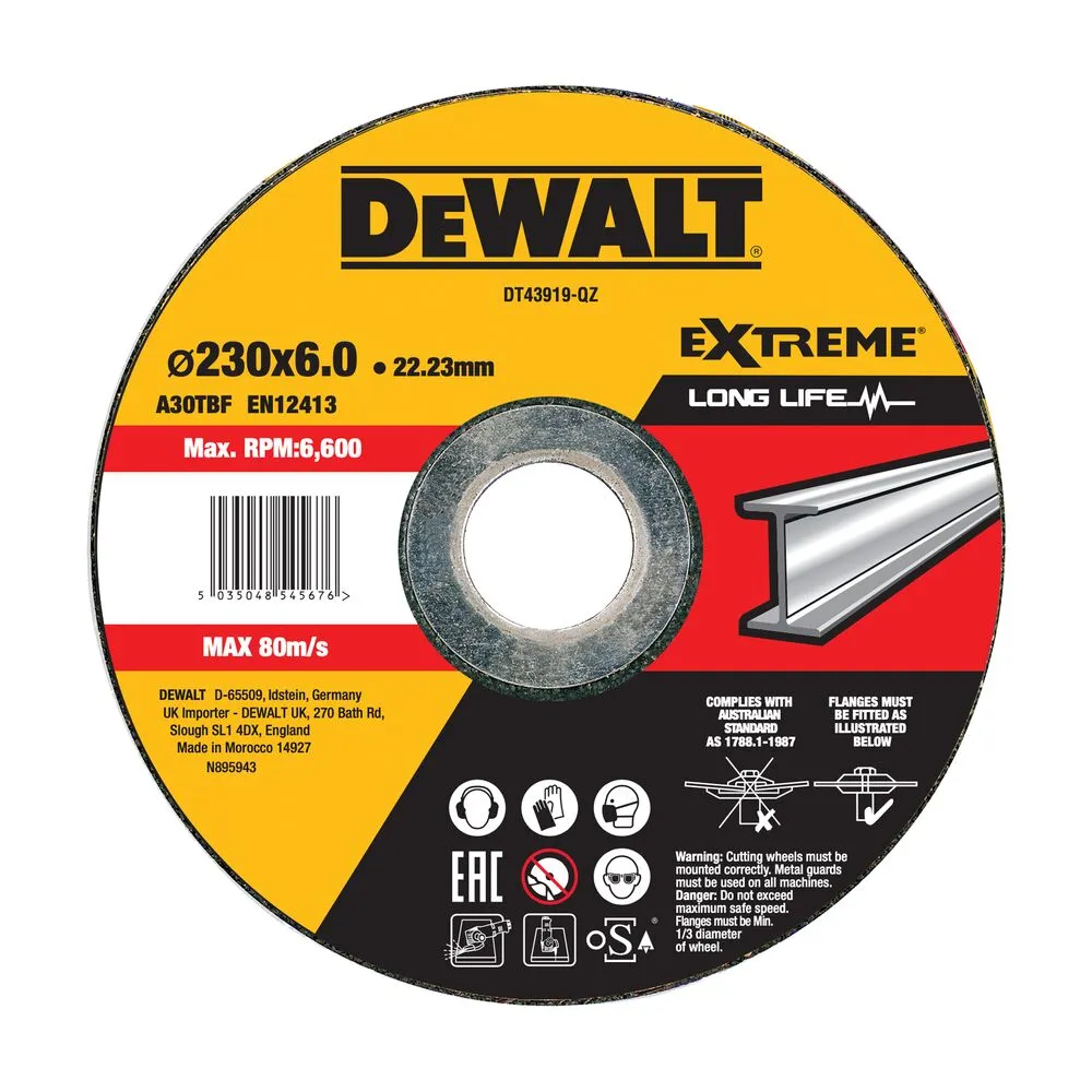 Pildil on näha Dewalt Extreme lihvketas, millel on suured numbrid 230x6.0 ning teave maksimaalse kiiruse ja toote numbri...