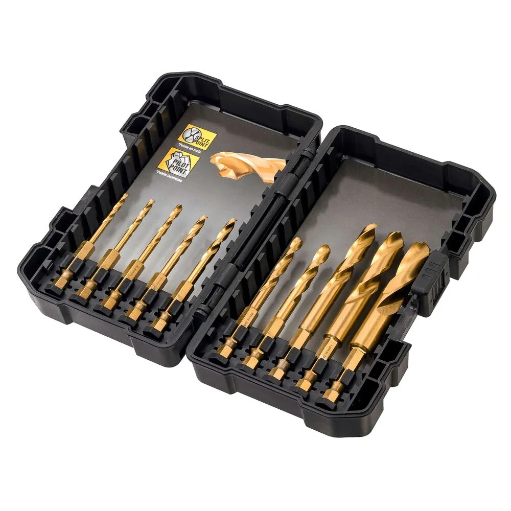 Pildil on DeWalt metallipuuride komplekt Impact TITANIUM 10 osa, mis sisaldab mitmeid kuldseid metallsilindrikujulisi puure.