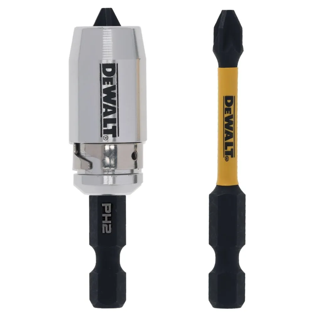 Pildil on näha kaks Dewalt löökotsakut: magnetjõu tugevdaja ja PH2 x 50 mm otsak.