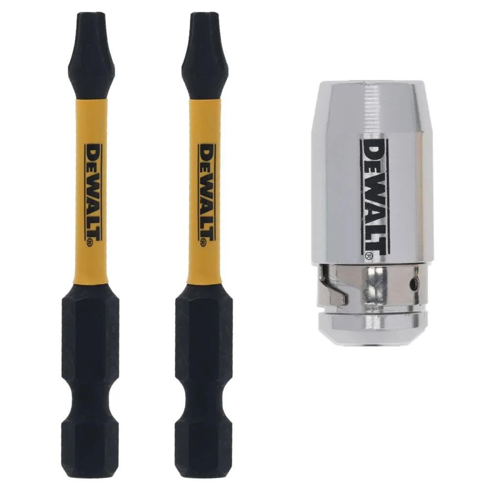Pildil on näha kaks kollase-musta värvi DeWalt Impact Torsion TX20 x 50 mm löökotsakut ja üks magnetjõu tugevdaja.