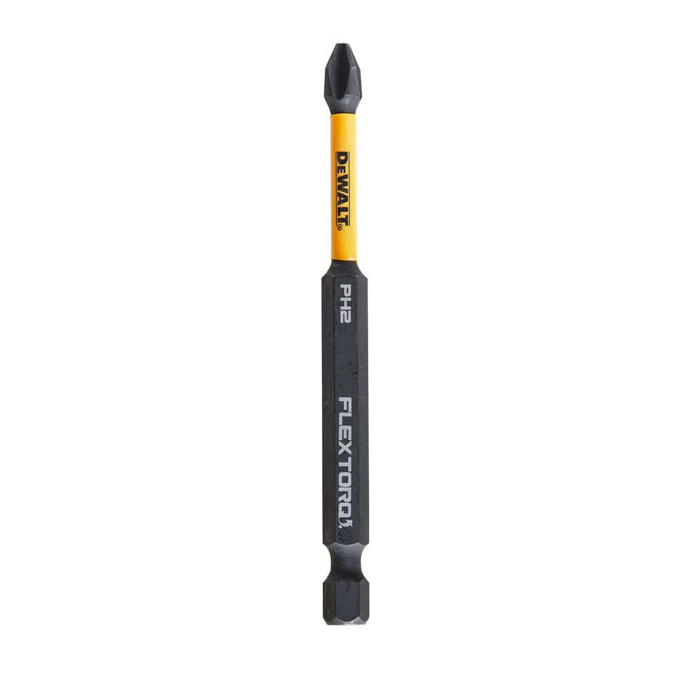 Pildil on näha kollase ja musta värvi DeWalt löökotsak, millel on märgitud "PH2" ja "FLEXTORQ".