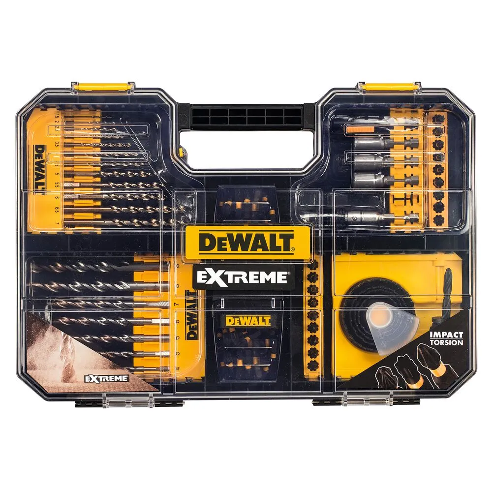 Pildil on näha DeWalt DT70620T 100-osaline tarvikute komplekt, mis sisaldab erinevaid kruviotsikuid ja puuriteri.