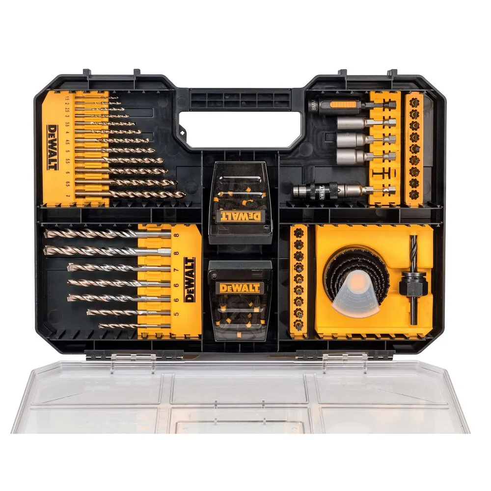 Pildil on DeWalt 100-osaline tarvikute komplekt DT70620T, mis sisaldab mitmeid puuriterasid, magnetilisi pealdisid ja...