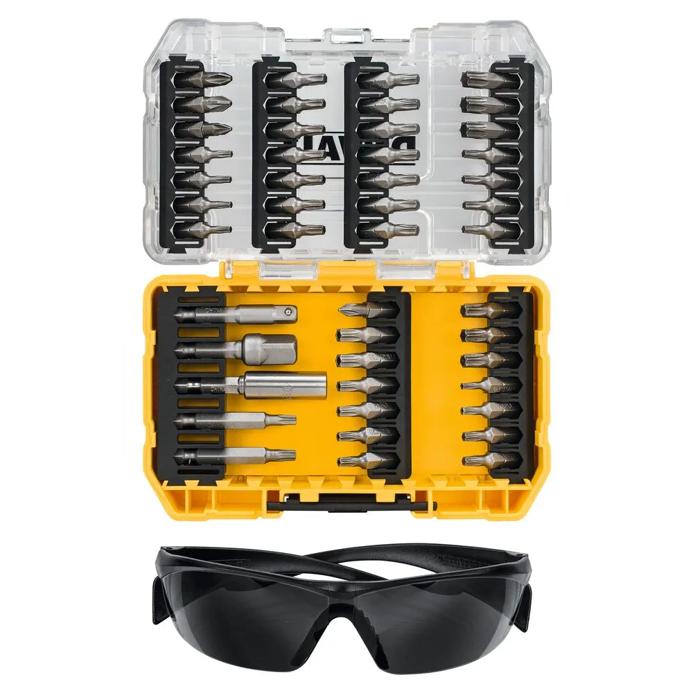Pildil on näha DeWalt 47-osaline otsakukomplekt koos kaitseprillidega.
