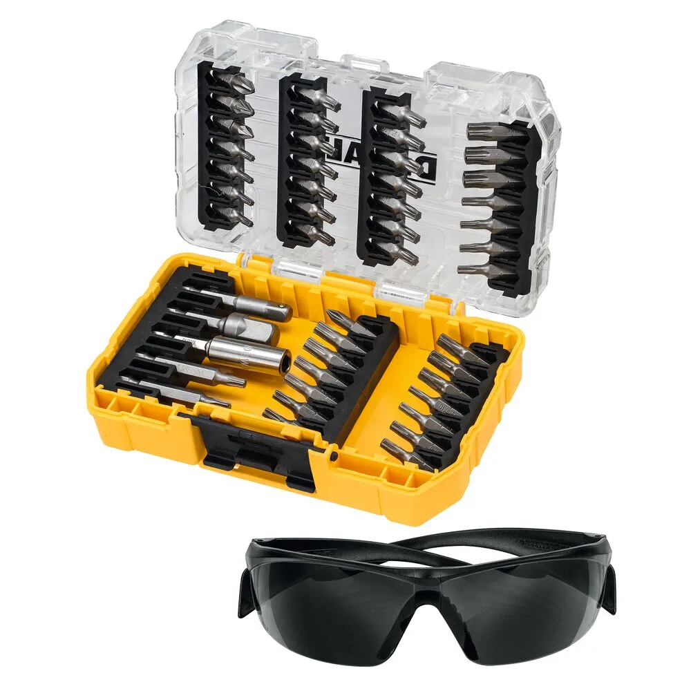 Pildil on näha 47-osaline DeWalt otsakute komplekt koos kaitseprillidega.
