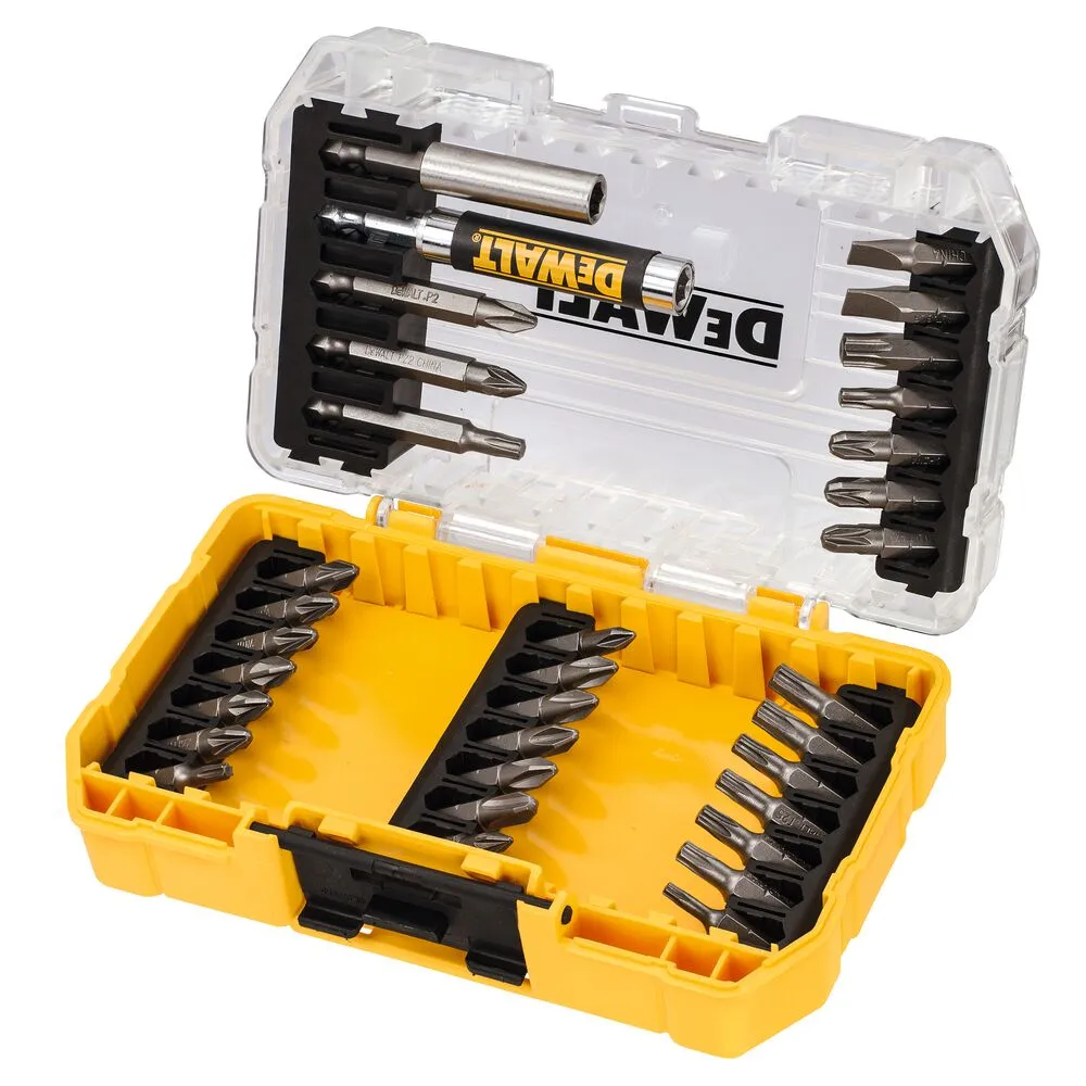Pildil on näha avatud DeWalt otsakute komplekt 33-osaline, kus on näha erinevaid otsakuid ja üks pikem magnetiline pikendus.