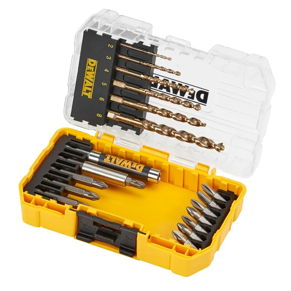 Pildil on näha DeWalt Extreme 19-osalise otsakute ja puuride komplekti kollane hoiukarp, mis on avatud ja paljastab...