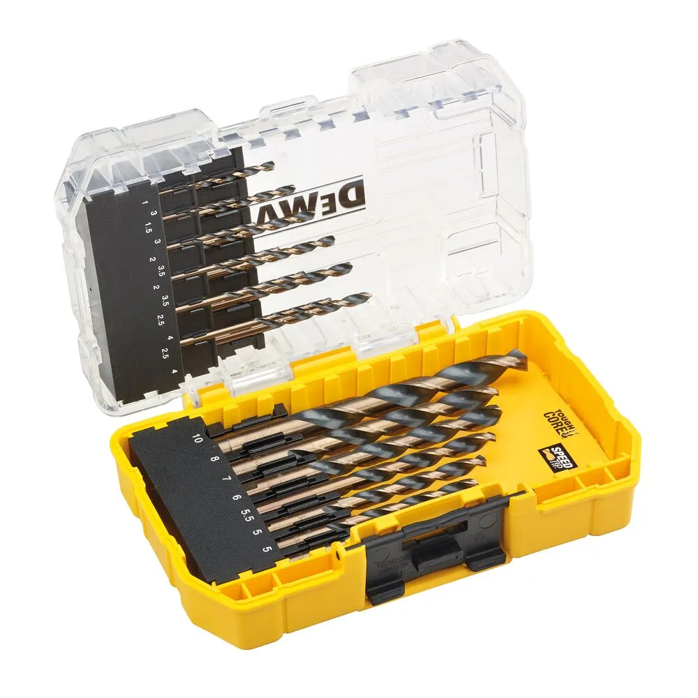 Pildil on näha DeWalt metallipuuride komplekt HSS-G BLACK & GOLD, mis sisaldab 19 erineva suurusega (1-10 mm) puuri...