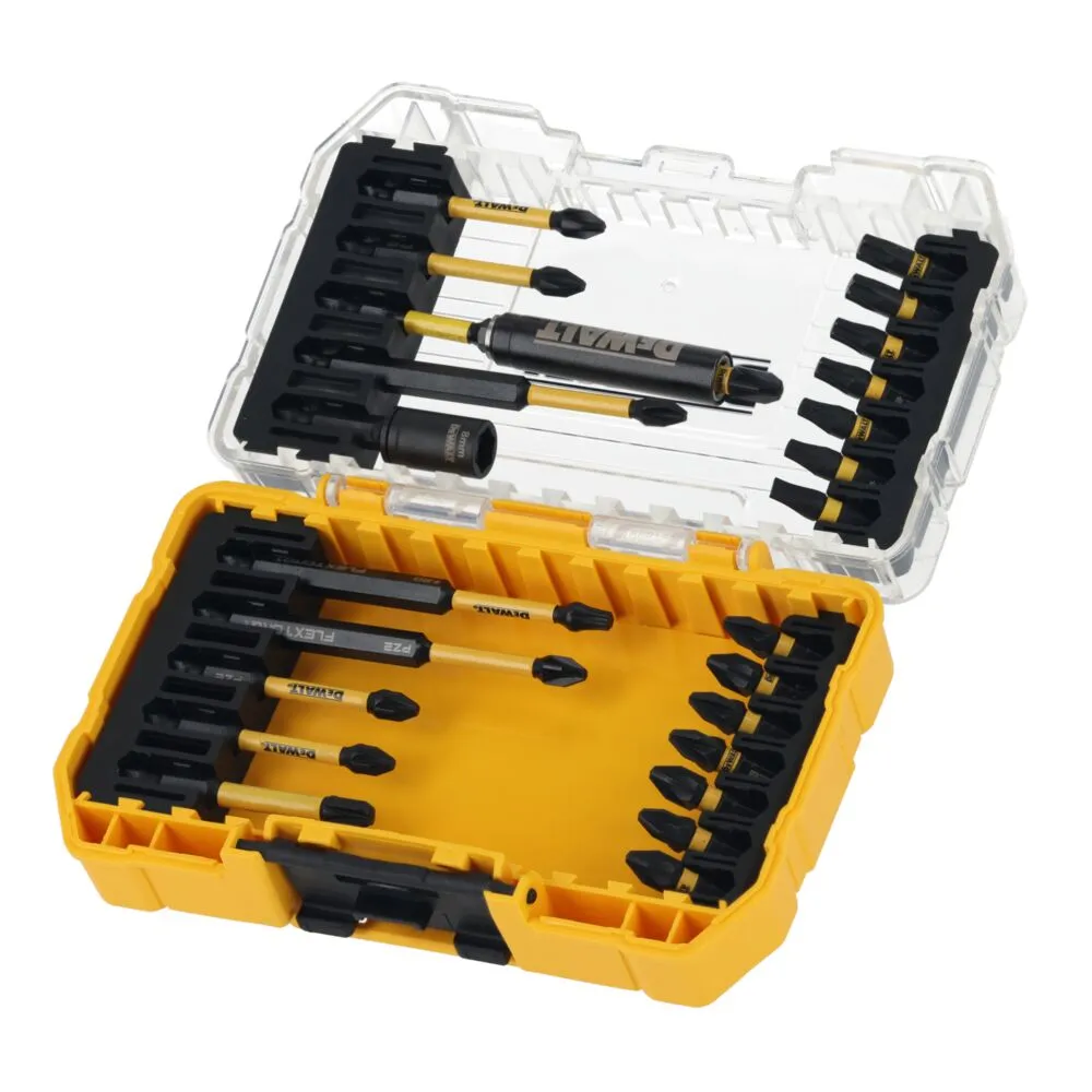 Pildil on näha DeWalt löökotsakute komplekt 25-osaline FLEXTORQ, mis sisaldab erinevaid otsikuid ja ühte magnetpeaga...