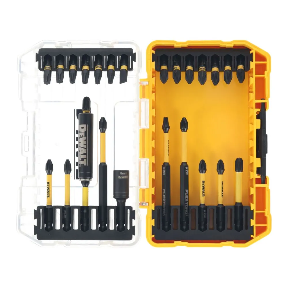 Pildil on näha DeWalt 25-osaline FLEXTORQ löökotsakute komplekt, mis on paigutatud läbipaistvasse ja kollasesse hoiukarpi.