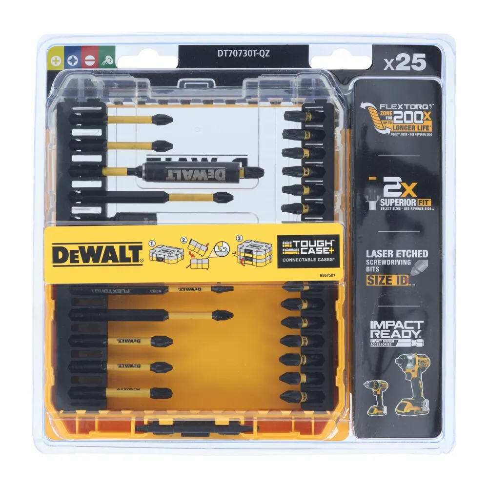 Pildil on DeWalt löökotsakute komplekt 25-osaline FLEXTORQ, mis sisaldab mitmesuguseid otsakuid ja nende hoiualuseid.