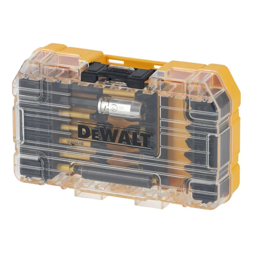 Pildil on näha DeWalt FLEXTORQ 37-osaline löökotsakute komplekt, mis on läbipaistvas hoiukarbis.