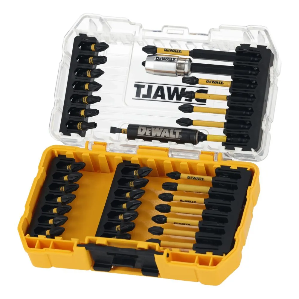 Pildil on näha DeWalt FlexTorq 37-osaline löökotsakute komplekt, mis sisaldab mitmesuguseid musta ja kollast värvi...
