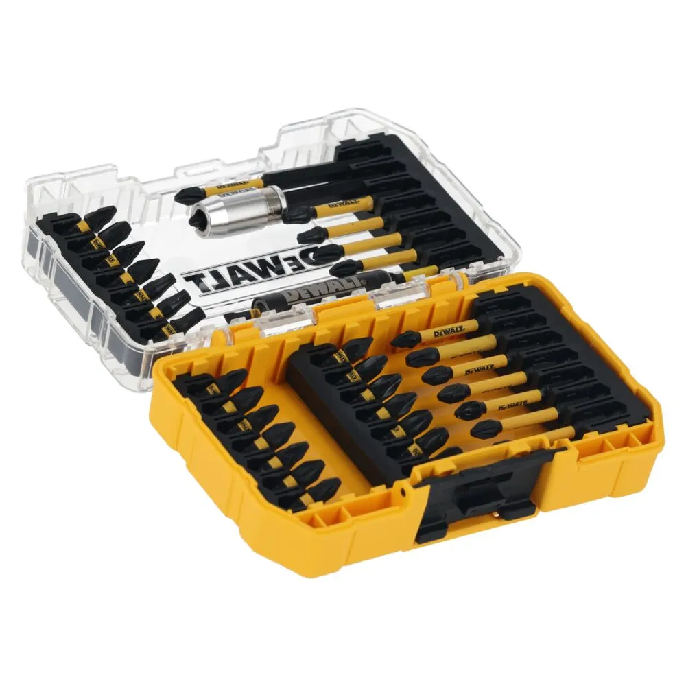 Pildil on näha DeWalt FLEXTORQ 37-osaline löökotsakute komplekt, mis sisaldab erinevaid otsakuid kollases ja läbipaistvas...