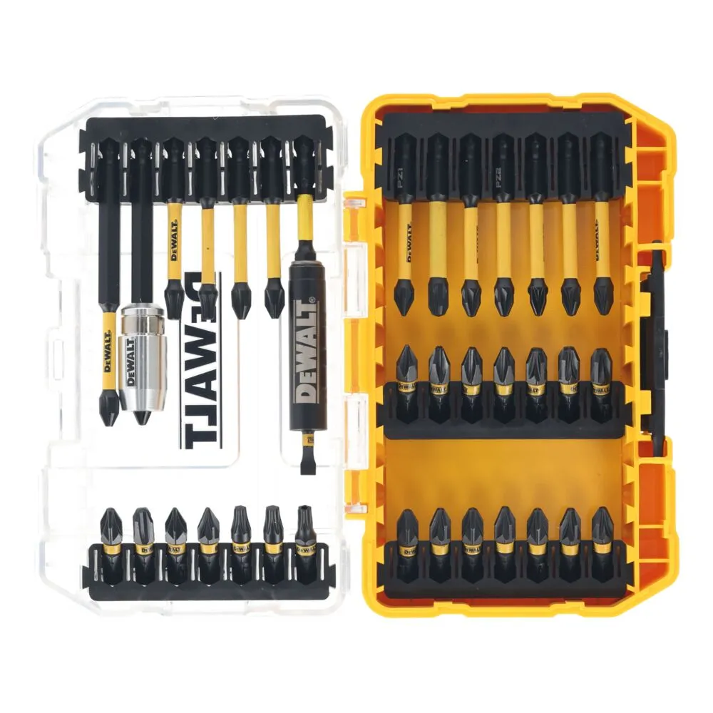Pildil on DeWalt FLEXTORQ 37-osaline löökotsakute komplekt, mis sisaldab mitmesuguseid kruvikeerajaotsakuid ja tarvikuid...