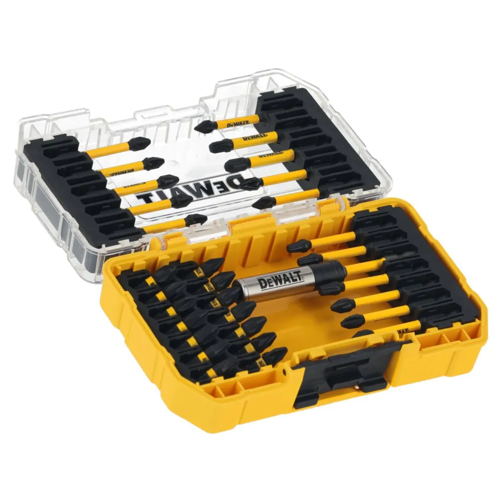 Pildil on näha avatud kollane DeWalt löökotsakute komplekt FLEXTORQ 25-osaline, kus otsakud on asetatud mustadesse pesadesse.