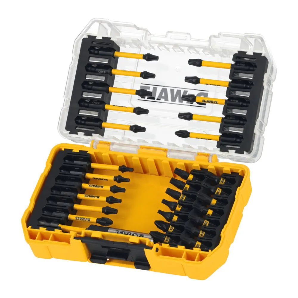 Pildil on näha avatud DeWalt löökotsakute komplekt FLEXTORQ 31-osaline (DT70738T), kus on näha kollased löökotsakud...