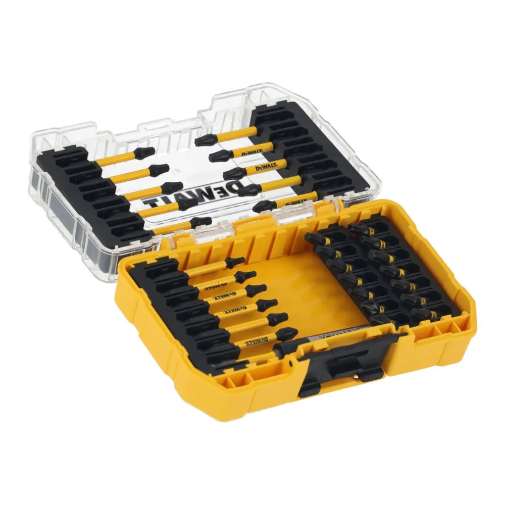 Pildil on näha DeWalt löökotsakute komplekt FLEXTORQ 31-osaline (DT70738T) kollases ja läbipaistvas karbis.