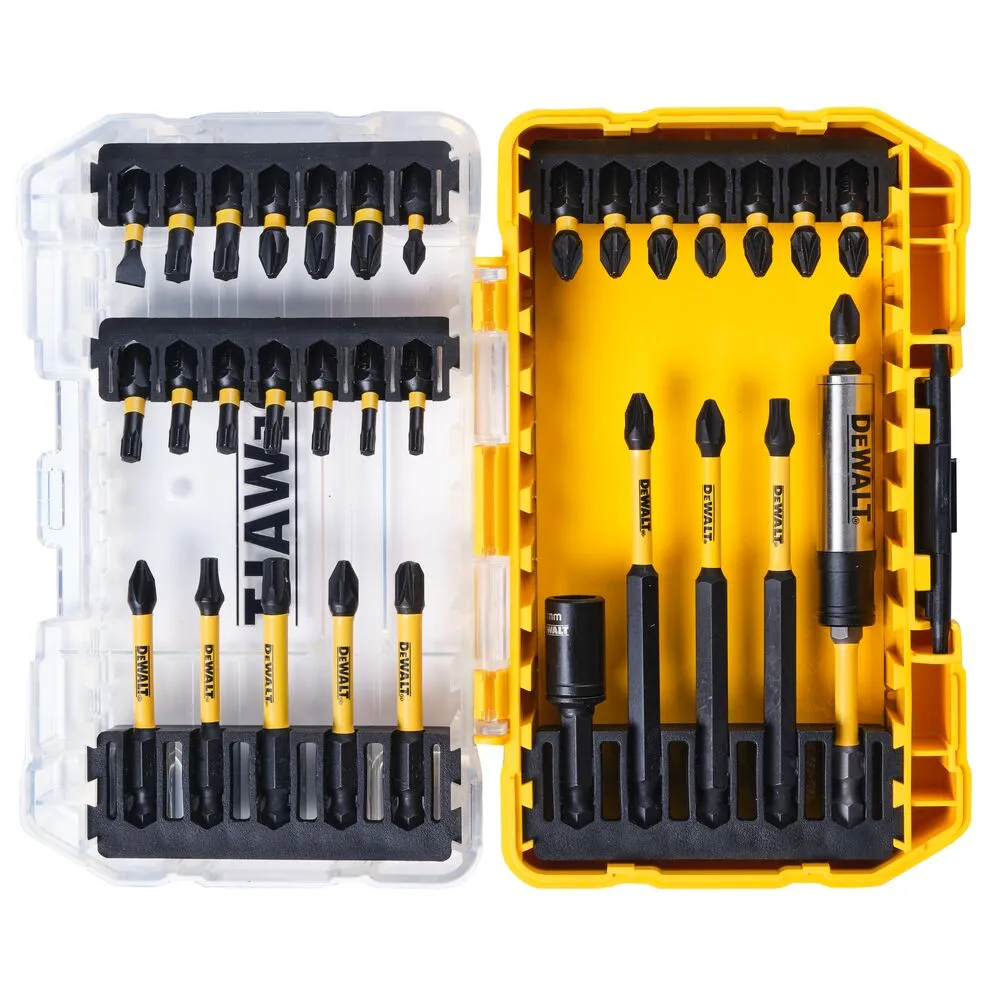 Pildil on näha DeWalt FLEXTORQ DT70743T 32-osaline löökotsakute komplekt avatud kollases karbis.