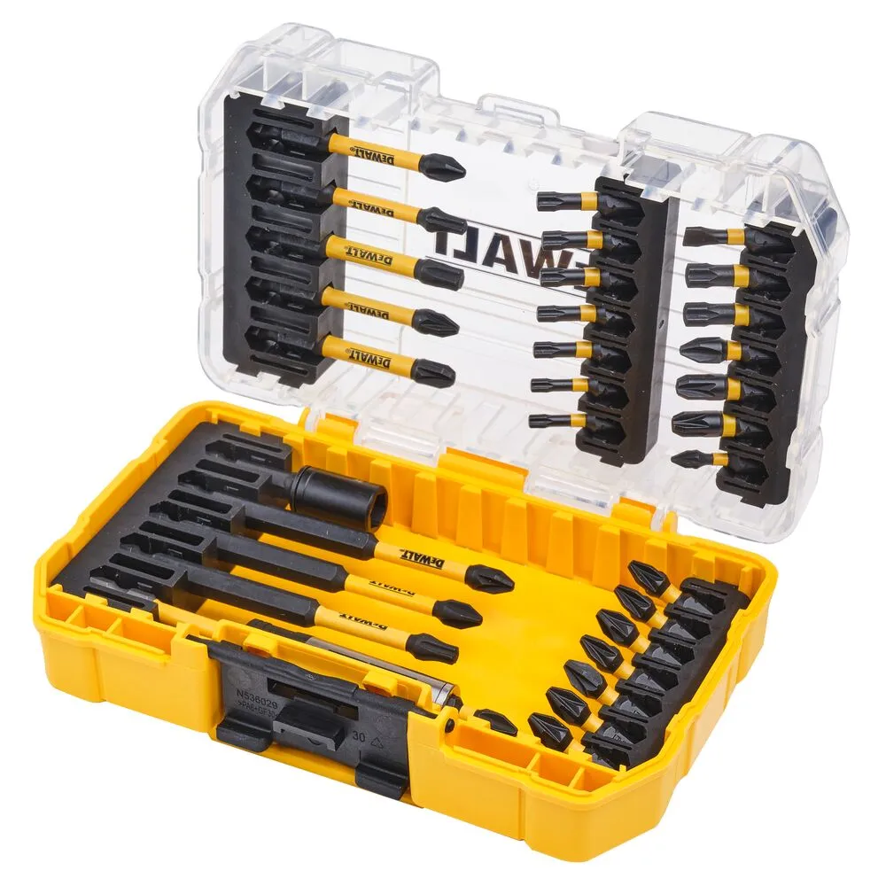 Pildil on näha DeWalt FLEXTORQ DT70743T 32-osaline löökotsakute komplekt kollases hoiukarbis.