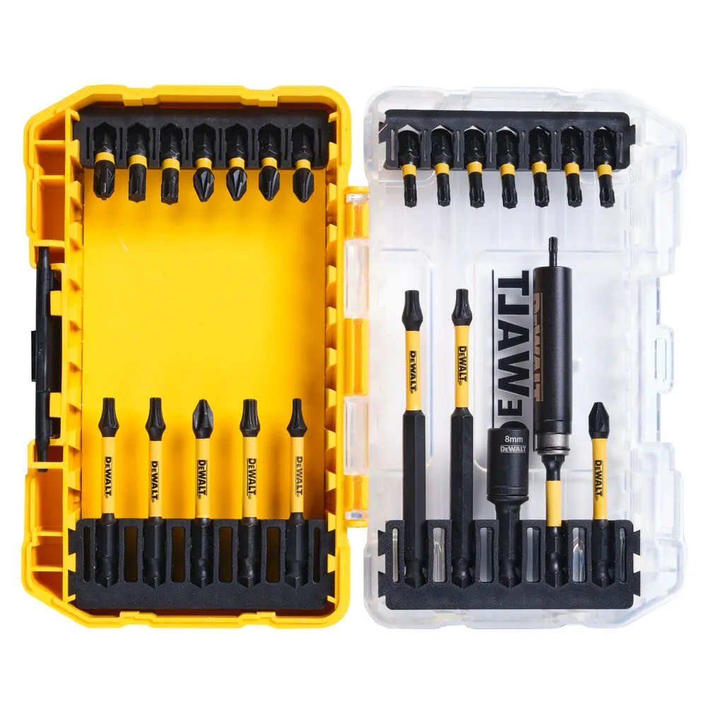 Pildil on näha DeWalt FLEXTORQ 25-osaline löökotsakute komplekt, mis sisaldab mitmeid erinevaid otsakuid ja magnetpead.