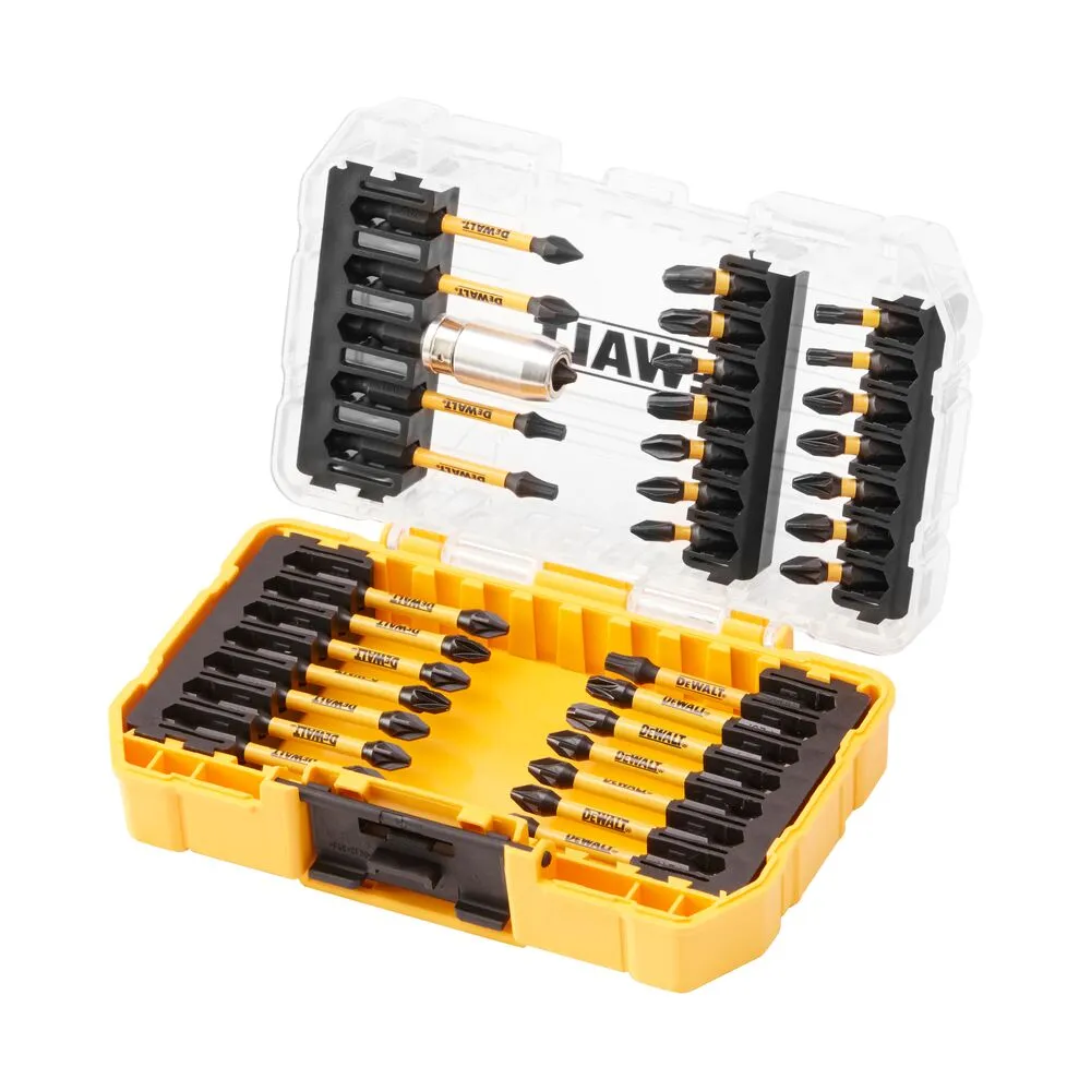 Pildil on näha avatud DeWalt löökotsakute komplekt, mis sisaldab mitmesuguseid kruviotsikuid ja ühte magnetpeaga pikendust.