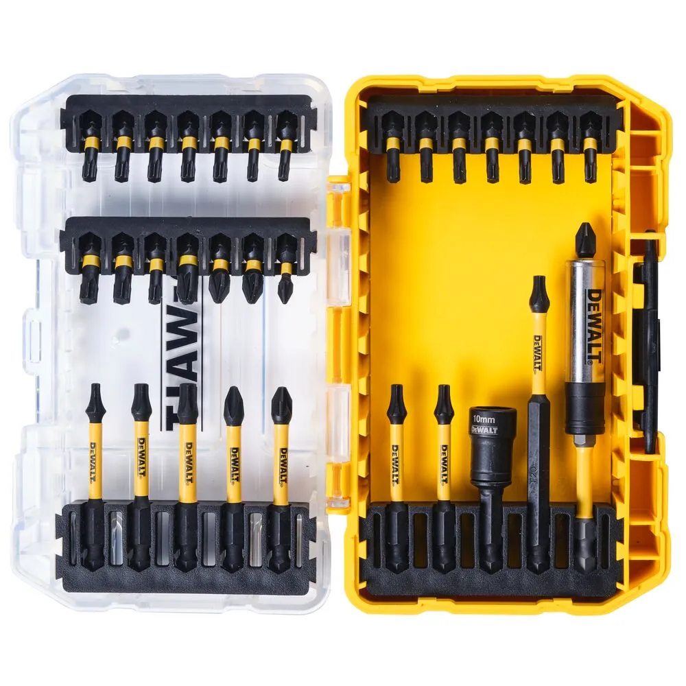 Pildil on DeWalt löökotsakute komplekt DT70747T, mis sisaldab mitmesuguseid kruviotsikuid ja magnetpesadega pikendust.