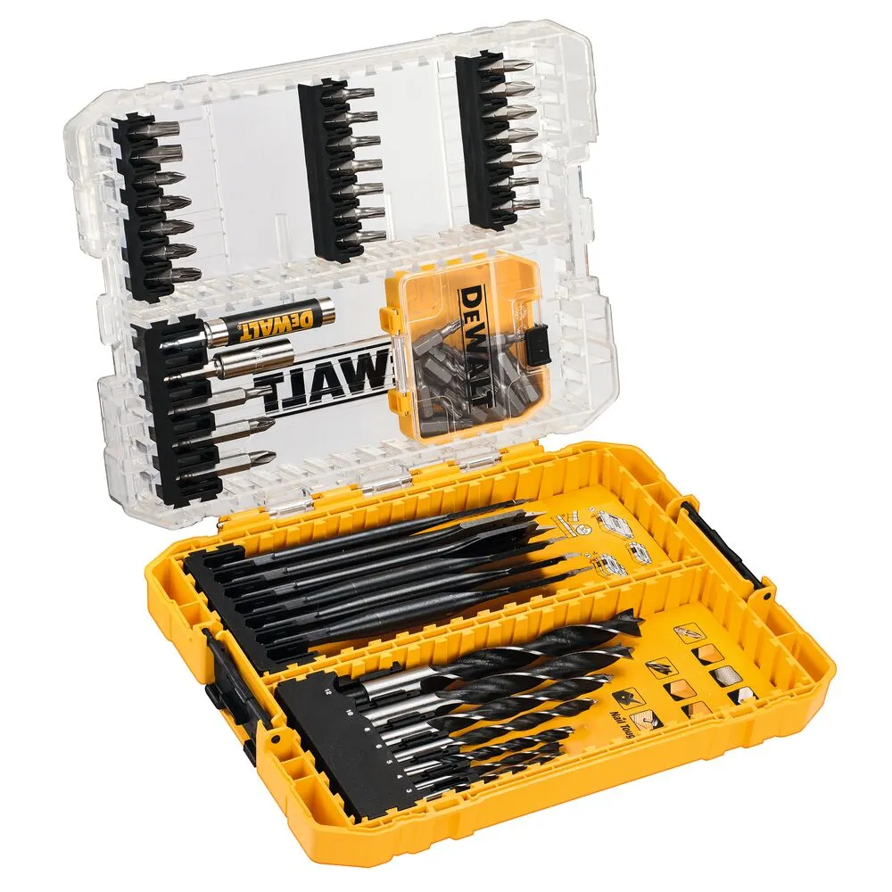 Pildil on näha avatud DeWalt DT70758 57-osaline otsakute ja puidupuuride komplekt.