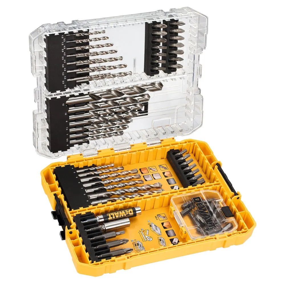 Pildil on näha DeWalt otsakute ja puuride komplekt, mis sisaldab mitmeid metallist puure ja musti kruviotsakuid.
