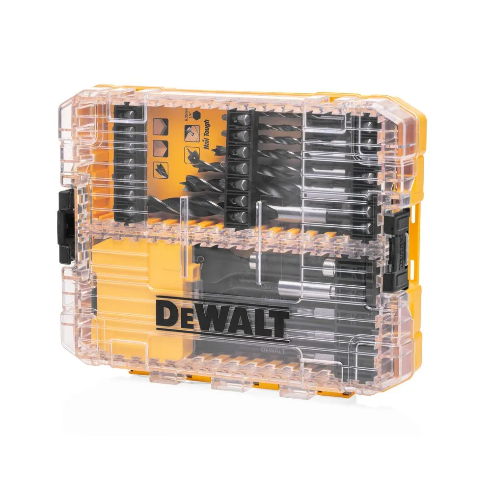 Pildil on näha DeWalt otsakute ja puidupuuride 57-osaline komplekt läbipaistvas kollases karbis.