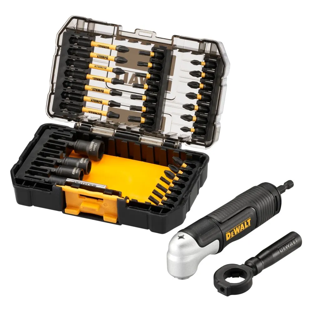 Pildil on DeWalt FLEXTORQ McLaren F1 Team Special Edition 33-osaline löökotsakute komplekt koos nurkpea adapteriga.