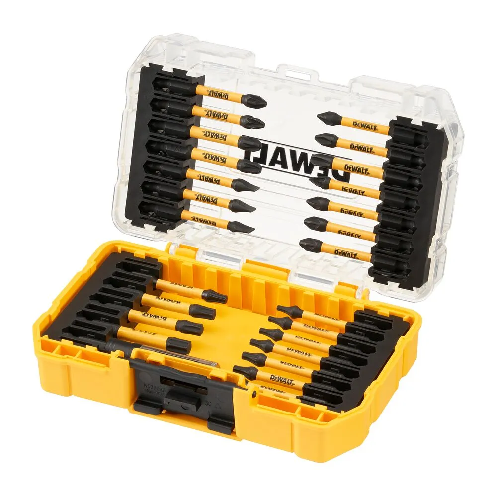 Pildil on näha avatud DeWalt löökotsakute komplekt FLEXTORQ 26-osaline, kus on esile tõstetud mitmesugused kruvikeeraja...