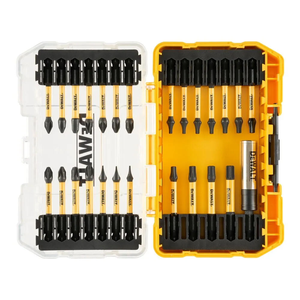 Pildil on näha DeWalt FLEXTORQ 26-osaline löökotsakute komplekt, kus otsakud on korralikult hoiukarbis.