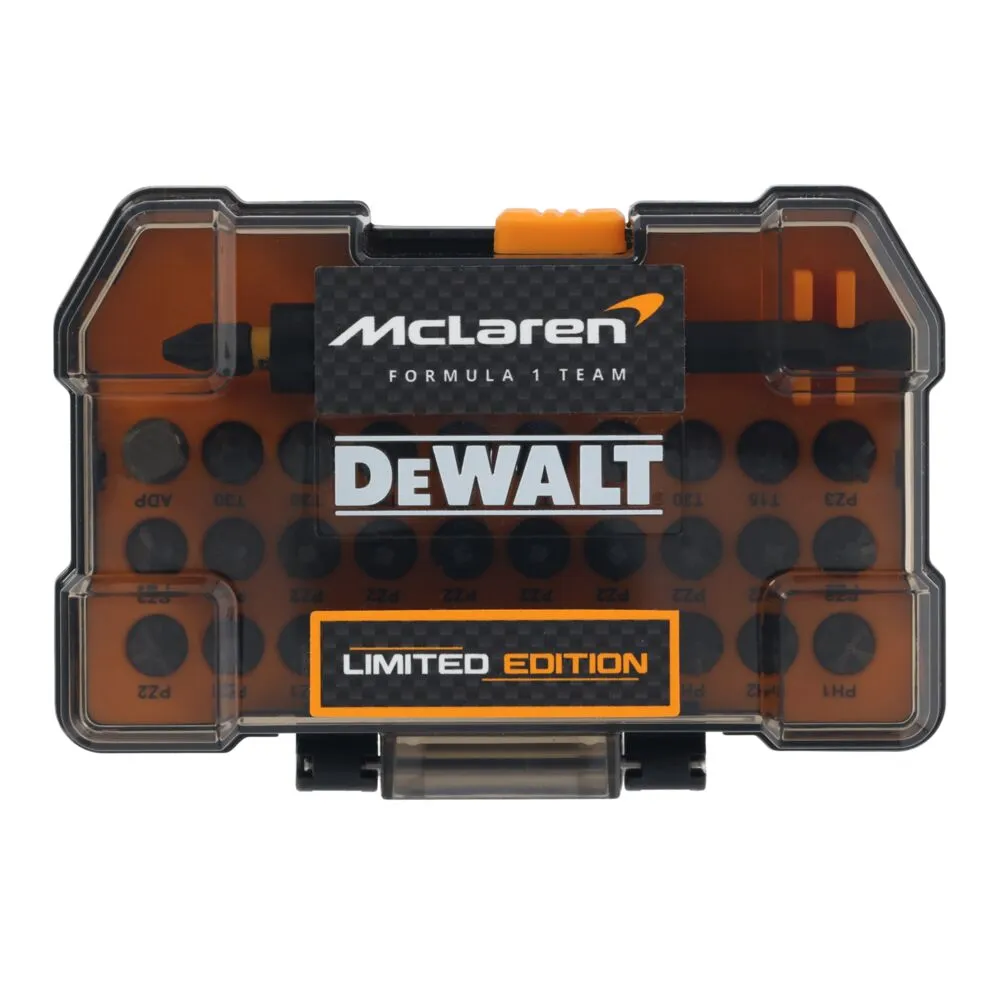 Pildil on näha DeWalt FLEXTORQ XSTC löökotsakute komplekt, millel on McLaren Formula 1 Team eksklusiivne disain.