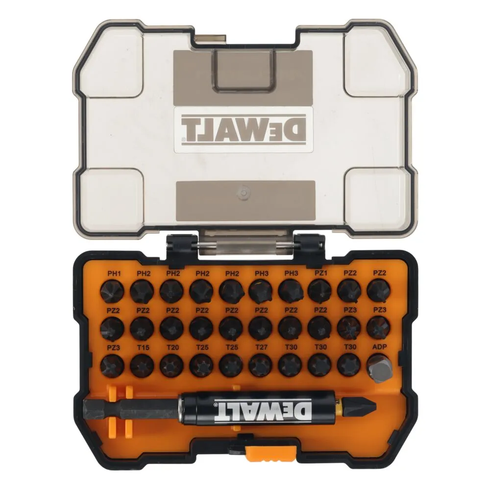 Pildil on näha DeWalt FLEXTORQ XSTC löökotsakute komplekt, mis sisaldab 32 osa ja on avatud karbis.