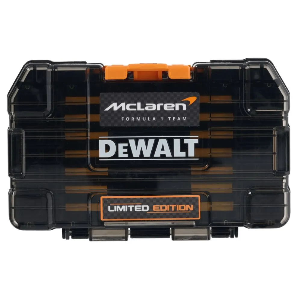 Pildil on näha DeWalt löökotsakute komplekt FLEXTORQ McLaren F1 Team Special Edition 28-osaline läbipaistvas mustas karbis.