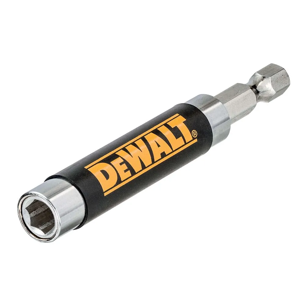 Pildil on näha DeWalt magnetiline kruvikeeraja otsik koos kuuskantpea otsaga, mis on valmistatud metallist ja mustast...