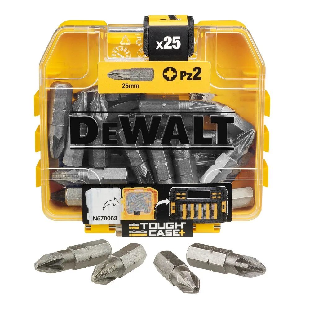Pildil on näha DeWalt PZ2 tüüpi kruvikeeraja otsakute komplekt, mis sisaldab 25 mm pikkusega 25 otsakut.