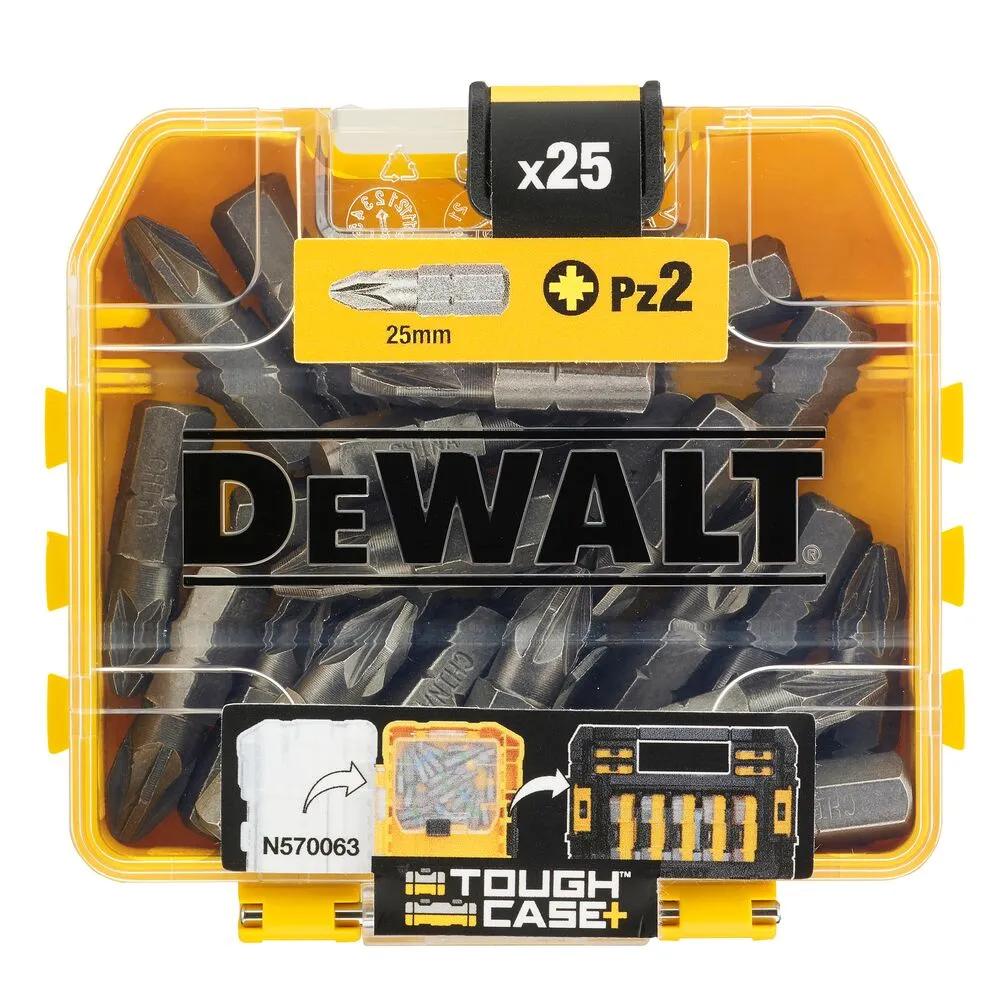 Pildil on näha DeWalt PZ2 x 25 mm kruvikeeraja otsikute komplekt, mis sisaldab 25 otsikut ja on pakitud kollasesse Tough...