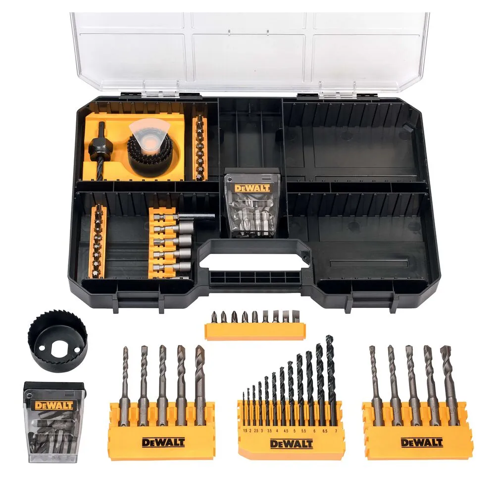 Pildil on näha DeWalt tarvikute komplekt, mis sisaldab erinevaid puure, kruvikeeramisotsikuid, augusaagi ja muud...