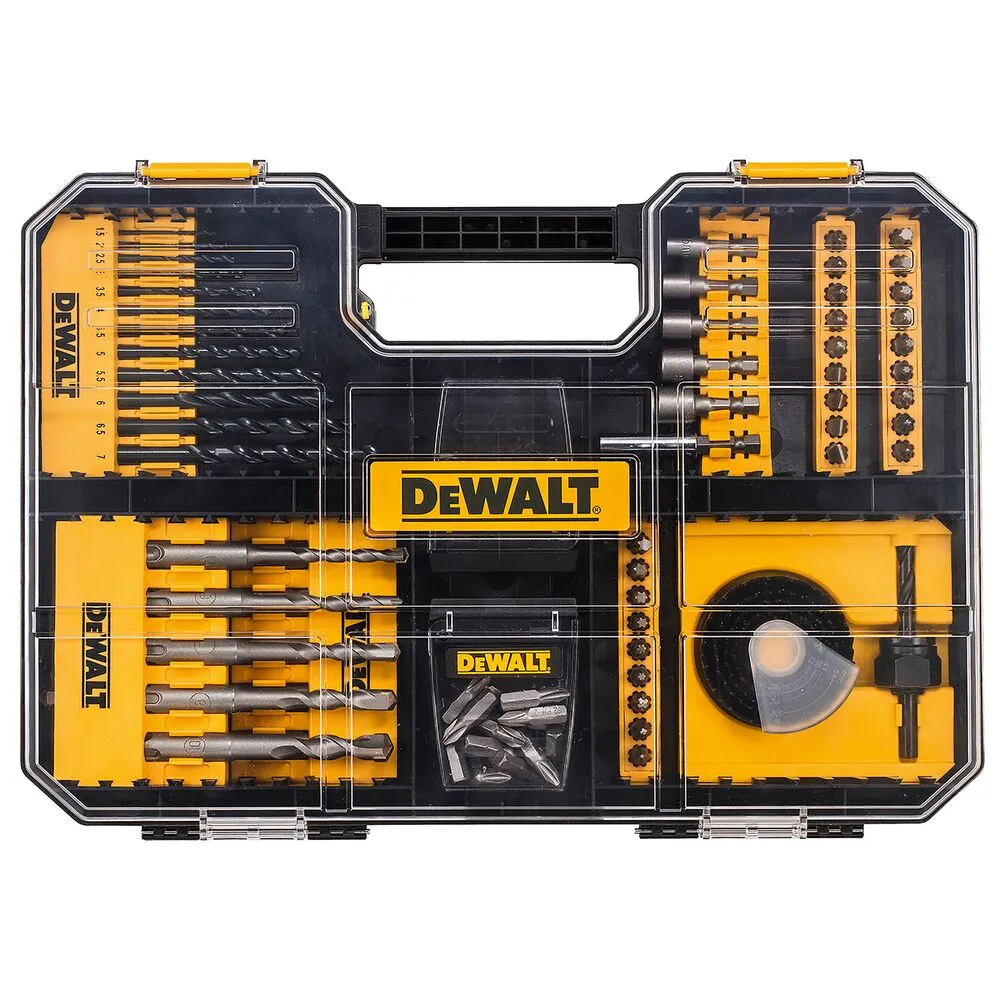 Pildil on näha DeWalt 102-osaline tarvikute komplekt, mis sisaldab mitmesuguseid puuriterasid ja kruvikeeraja otsikuid.