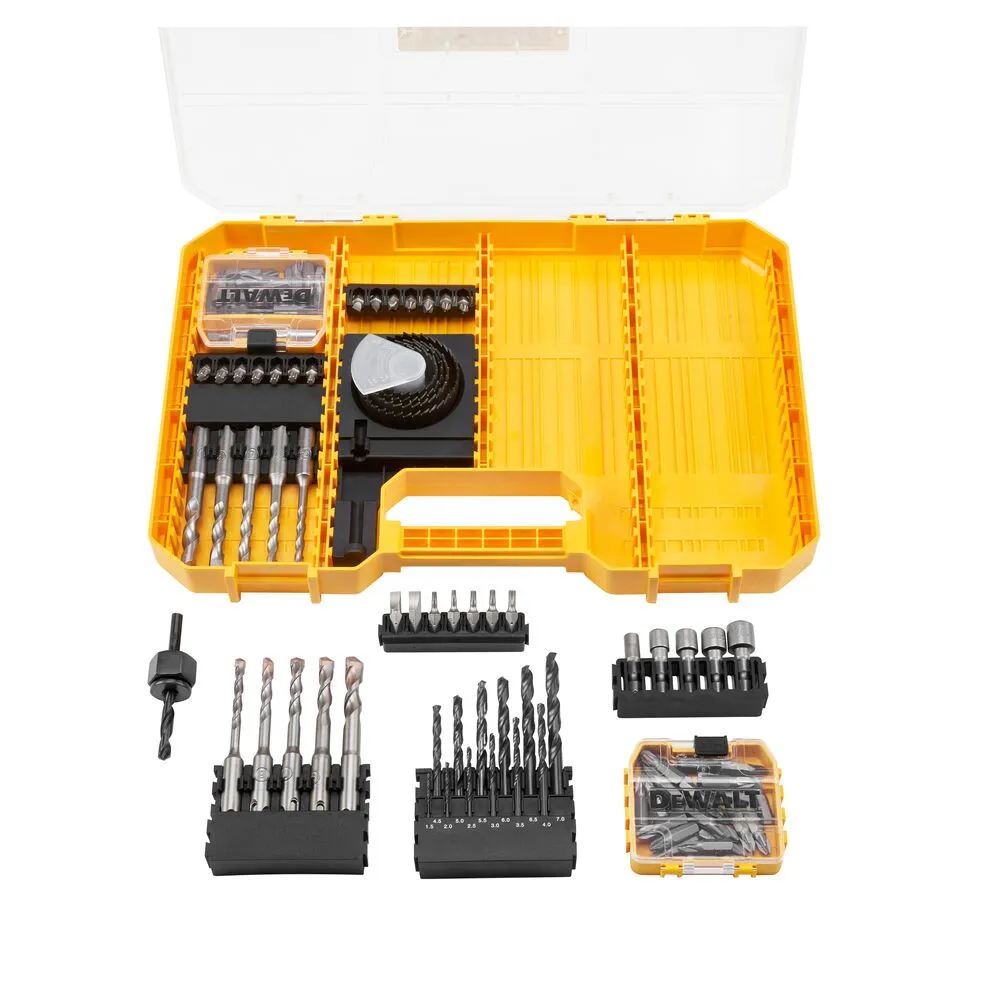 Pildil on DeWalt 102-osaline tarvikute komplekt, mis sisaldab mitmesuguseid boore, otsikuid ja muid tarvikuid kollases...