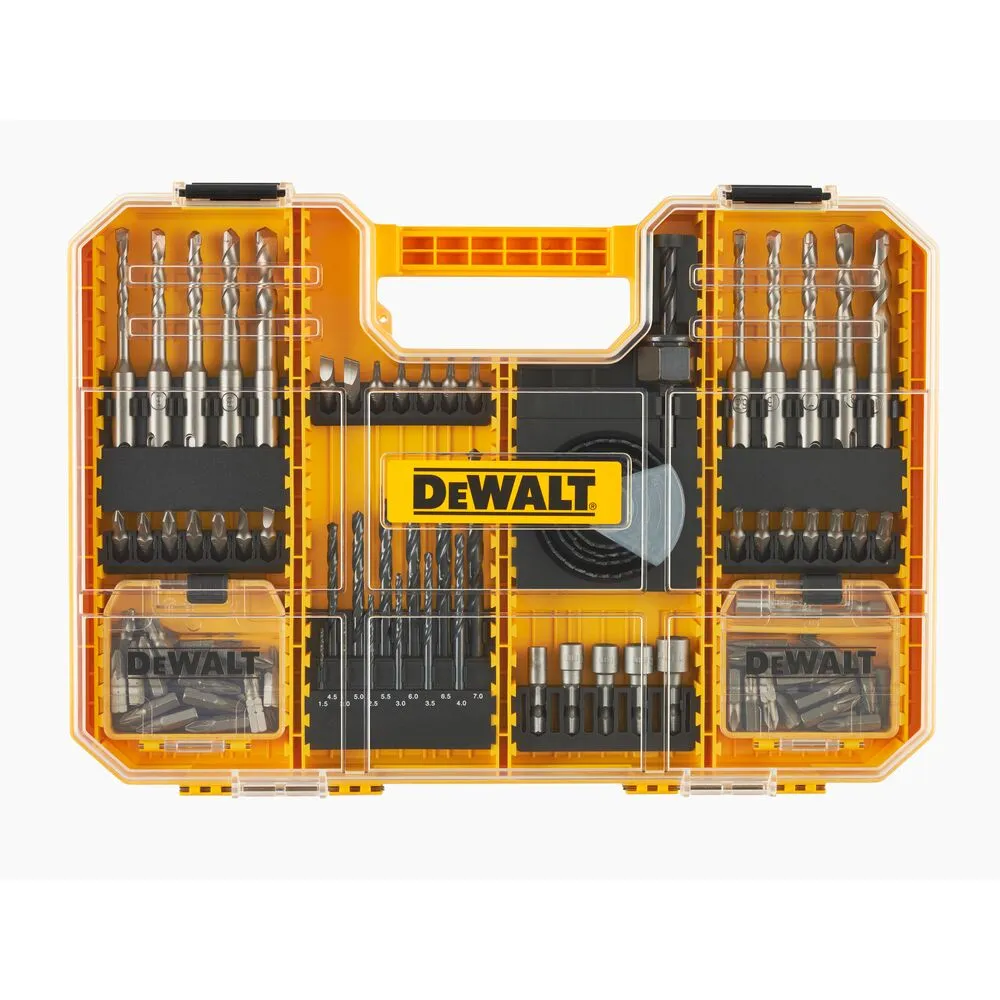 Pildil on näha DeWalt 102-osaline tarvikute komplekt koos erinevate puuride ja kruvikeerajaotsikutega.