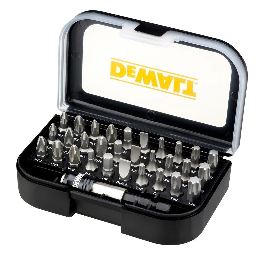 Pildil on näha Dewalt 31-osaline kruvikeeraja otsikute komplekt, mis on mustas hoiukarbis.