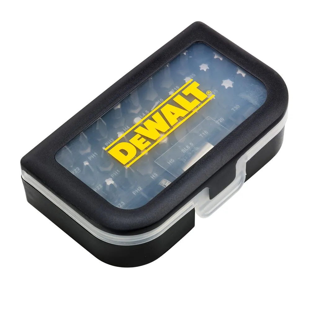Pildil on näha DeWalt 31-osaline kruvikeerajaotsikute komplekt karbis.